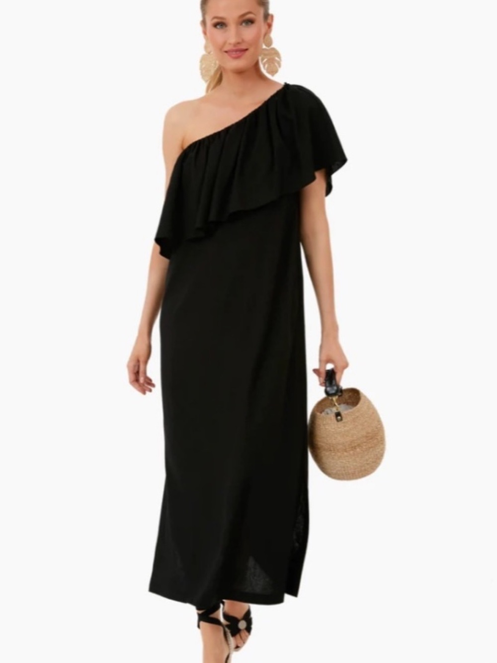 Tuckernuck Pomander Place Black Florencia One Shoulder Linen Blend Side Slits